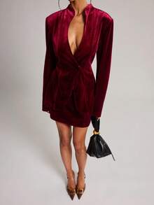 SHEIN BAE Women's Solid Color Long Sleeve Jacket And Mini Skirt Fashion Set - Burgundy - View 7