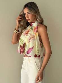 Aloruh Printed Mesh Halter Neck Women's Top - Beige - View 4