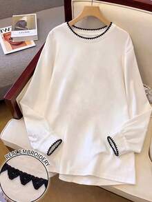 Franclia Elegant White Mid-Sleeve Women's Loose Shell Embroidery Sweatshirt Pullover Casual Autumn Style - White - View 1