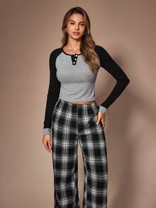 Lazeform Contrast Color Raglan Sleeve Henley Neck Pajama Set, Classic Plaid Home Wear 2 Pieces Set - Black - View 6