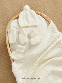 Infant Twisted Knitted Swaddle Set, Twist Textured Baby Blanket With Hairball Hat, Anti-Grab Gloves, Foot Socks, Four-Piece Set, Full Moon One-Year-Ol - Multicolor - View 1