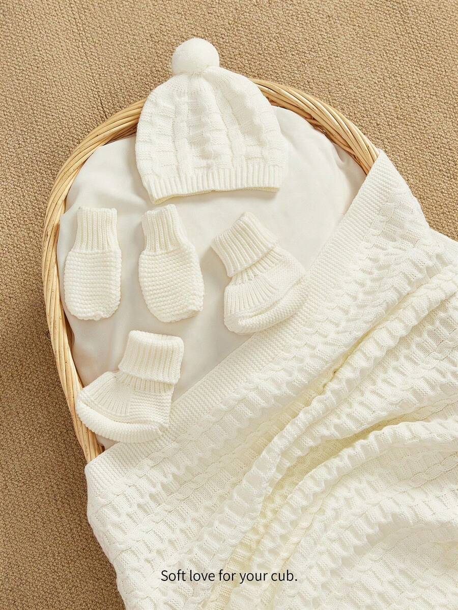 Infant Twisted Knitted Swaddle Set, Twist Textured Baby Blanket With Hairball Hat, Anti-Grab Gloves, Foot Socks, Four-Piece Set, Full Moon One-Year-Ol - Multicolor - View 1