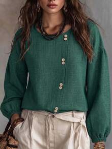 Zayélia Spring/Autumn Women's Casual Blouse With Round Neck Puff Sleeves Asymmetric Button Closure Suitable For Commuting Vacation Brunch Dark Green - Dark Green - View 6