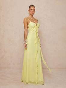 Lumalex Women's Pale Yellow Elegant Romantic Summer Maxi Dress,Spaghetti Strap Sweetheart Neck Cut-Out Ring Detail Ruffle Backless A-Line Holiday Gown - Multicolor - View 6