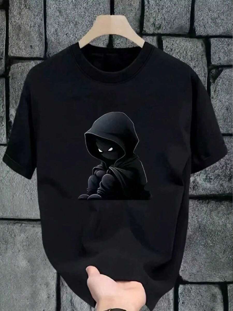 Manfinity Dauomo Spider Dark Cool Style | 連帽黑色陰影蜘蛛卡通印花短袖T恤,適合多季節穿著。完美適用於萬聖節派對、日常街頭出遊、音樂節、漫畫展,中性款。可搭配工裝褲、寬腿牛仔褲,疊搭金屬飾品打造完整的暗黑街頭風造型。 - 黑色 - 查看 1