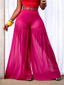BamGleam Women's Solid Color Mesh Pleated Casual Daily Travel Long Pants - Hot Pink - View 4