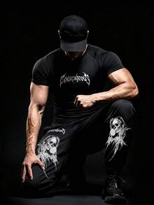 Gym Rark 男士字母印花短袖T恤與骷髏印花長褲運動套裝 - 黑色 - 查看 4