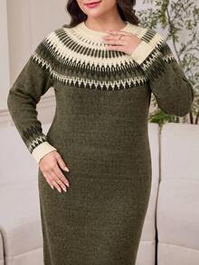 Modelyn Plus Size Casual Knit Dress For Autumn/Winter - Army Green - View 5
