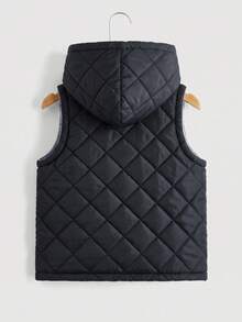 SHEIN 兒童小男孩純色前開拉鍊保暖內裡連帽冬季背心 秋季 - 黑色 - 查看 2