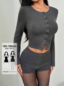 SHEIN PETITE 女款純色長袖上衣與迷你裙套裝 短款兩件式 深灰色 鏤空網紗 緊身衣 小碼居家休閒 秋季休閒性感 - 灰色 - 查看 10