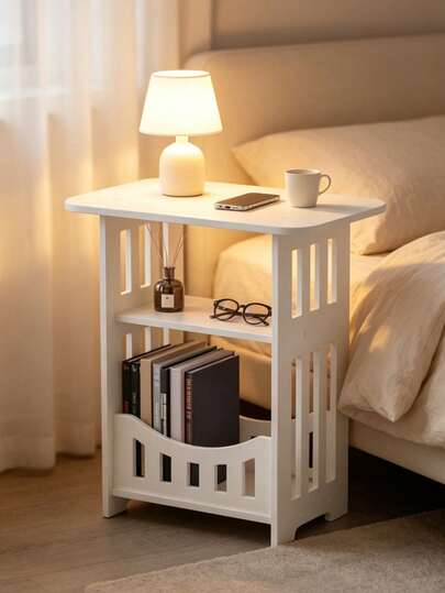 1pc Modern Nordic White Wood Storage Table, Multi-Functional Tiered Shelf For Bedroom Living Room, Easy Assembly Minimalist Bookcase Display Rack