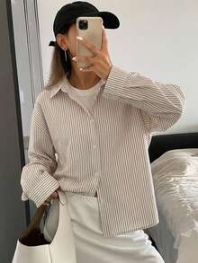 DAZY 女款 Old Money 風格條紋寬鬆長袖翻領休閒襯衫女裝 春夏款 - 卡其色 - 查看 6