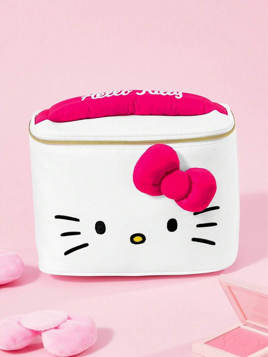 HELLO KITTY AND FRIENDS | SHEIN 可愛貓咪印花大容量聚酯纖維化妝包,附3D蝴蝶結與提把,旅行與日常使用化妝收納袋 - 玫紅色蝴蝶結款 - 查看 1