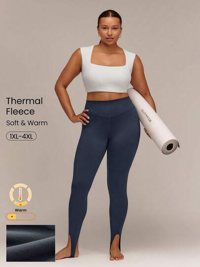 GLOWMODE Plus Size FeatherFit™-Warm Retro Moves Stirrup Leggings With 4-Way Stretch Low Impact Yoga Pilates Barre Studio Daily Casual Wear