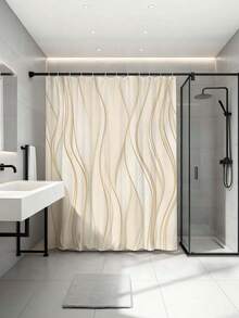 1 rèm tắm vân đá cẩm thạch lỏng màu beige vàng, polyester chống nước, nghệ thuật trừu tượng, trang trí phòng tắm kèm móc treo cho nhà hiện đại, phong cách trung tính sang trọng - Màu be - Xem 3