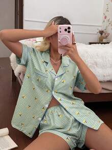 CottageSlumber Women's New Lemon Plaid Print Button-Front Short Sleeve Shorts Pajama Set - Green - View 4
