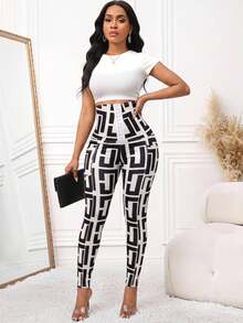 SHEIN Lady سروال ضيق نسائي بطبعة هندسية كاجوال متعدد الاستخدامات للارتداء اليومي - الأسود - مشاهدة 7