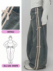 Dazy Plus Pantalones vaqueros de pierna ancha con lazo y parches de color, pantalones vaqueros casuales para mujer, para todas las estaciones - Azul lavado medio - Ver 1