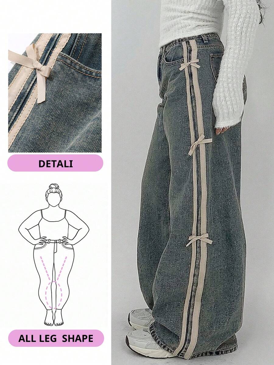 Dazy Plus Pantalones vaqueros de pierna ancha con lazo y parches de color, pantalones vaqueros casuales para mujer, para todas las estaciones - Azul lavado medio - Ver 1