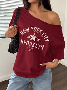 Flirla Plus Size Women's Minimalist Print Asymmetric Shoulder Top - Burgundy - View 3