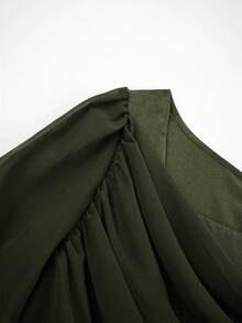 Modelyn Plus Size Patchwork Waist Cinched Long Sleeve A-Line Dress Fall - Green - View 12