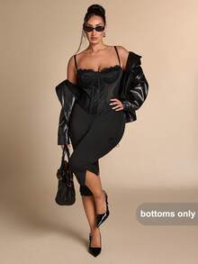 SHEIN BAE CURVE Plus Size Black Sexy Lace-Up Tie-Up Cropped Leggings,Black Sommar Casual Formal Gym Leggings,High Waist Cropped Mid-Calf Length Split Hem Slit Detail - Black - View 3