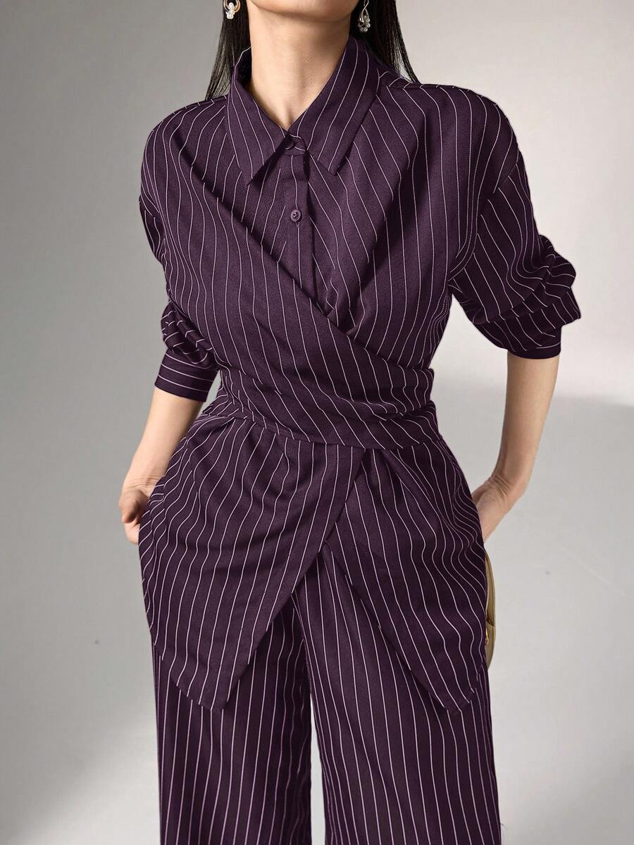 Heiryn Waist-Cinched Wrap Korean Business Casual Old Money Style Commuter Office Daily Versatile Shirt-Style Two Pieces Set Navy Blue And White Autumn - Purple - View 1
