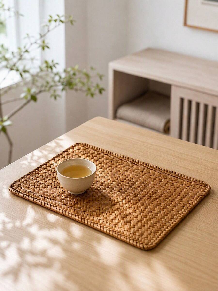 Haus Hana 1 buah Alas Meja Persegi Panjang Anyaman Rotan Alami, Alas Cangkir Teh Tahan Panas Khaki Rustic, Alas Dekorasi Meja Makan Dapur, Hiasan Meja Dalam Ruangan untuk Hari Ayah & Idul Adha - MultiWarna - View 1