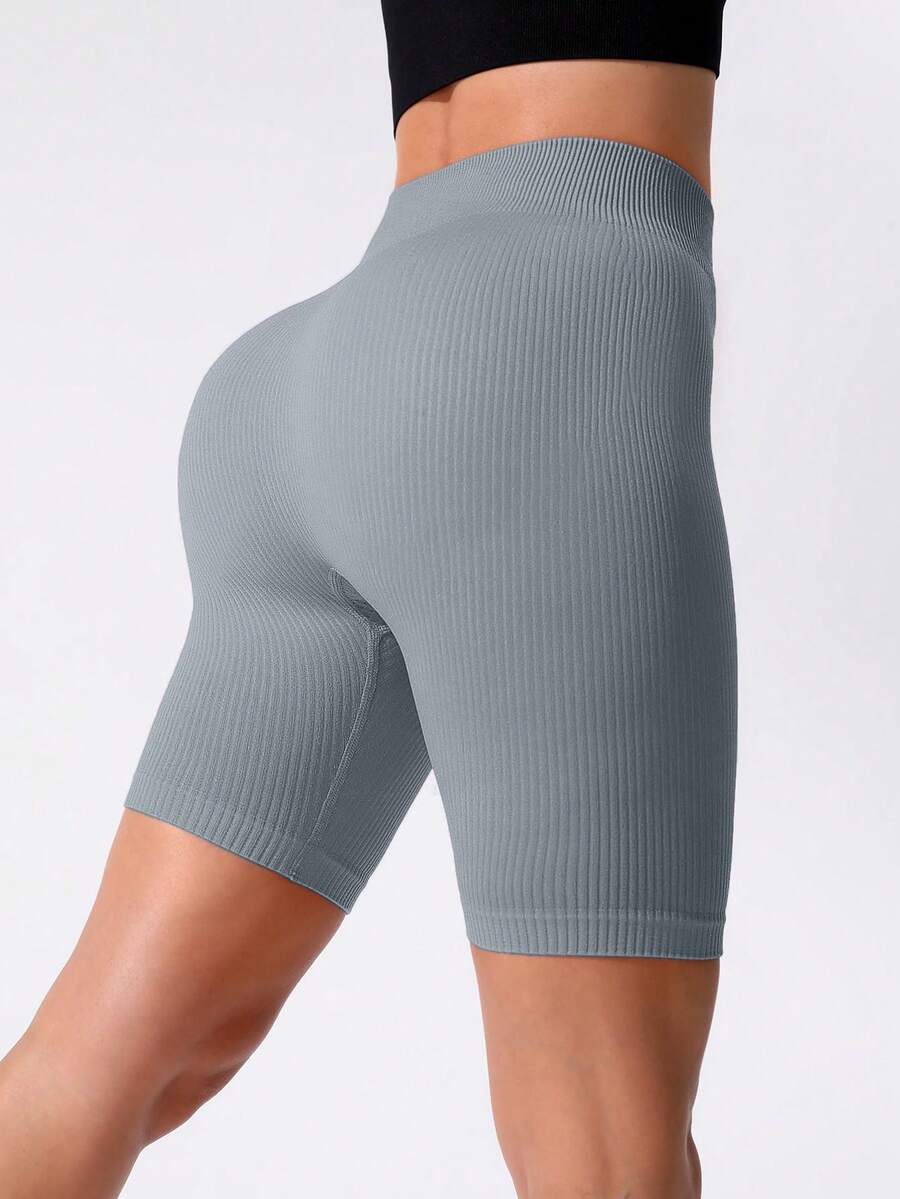 SHEIN Sports 女款純色高腰日常健身運動短褲 - 灰色 - 查看 1