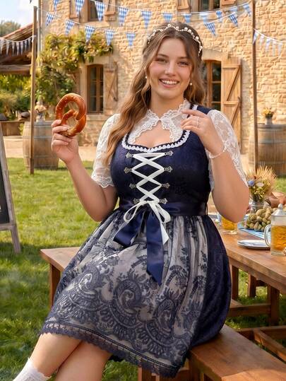 SHEIN Frenchy Damen Große Größen Spitzen-Patchwork-Bindung Design Oktoberfest Kleid Schnürung quadratischer Ausschnitt Party Weiß Marineblau Sommer 1960er 1920er