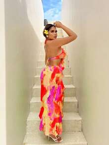 SHEIN SXY Summer Beach Colorful Printed Backless Spaghetti Strap Ruffle Hem Dress,Sundress - Multicolor - View 2