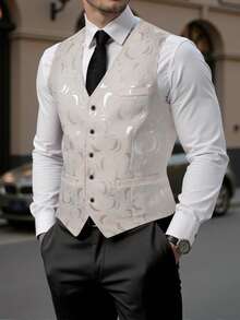 Calvornis Men's Jacquard Single-Breasted V-Neck Suit Vest - Khaki - View 1
