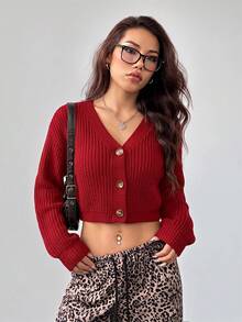 SHEIN PETITE 白色燈籠袖前開扣羅紋針織開襟衫，秋冬露肩毛衣 - 酒紅色 - 查看 5