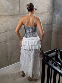 hollyjadebate Ultra Low-Waisted Lace Tiered High-Low Hem Skirt White Summer - White - View 2