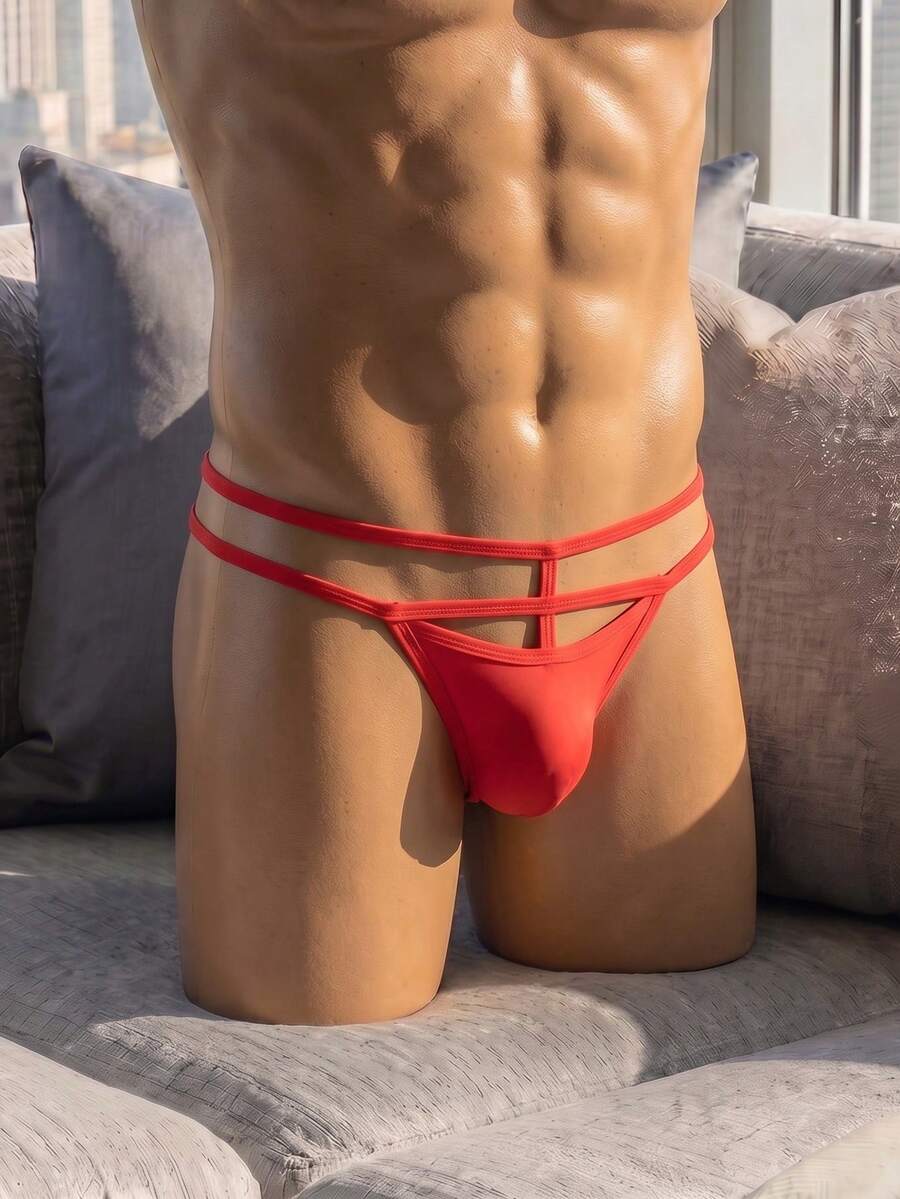 SHEIN DrisQ 男士純色蕾絲性感三角內褲 - 紅色 - 查看 1