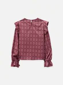 Nöista Red Retro-Print Top, Straight Cut Ruffled, Sweetness. Soft Delicate,Fall/Winter,Elegant,Going Out,Commuting, Versatile Stylish Piece, Top Choice.. - Red - View 10