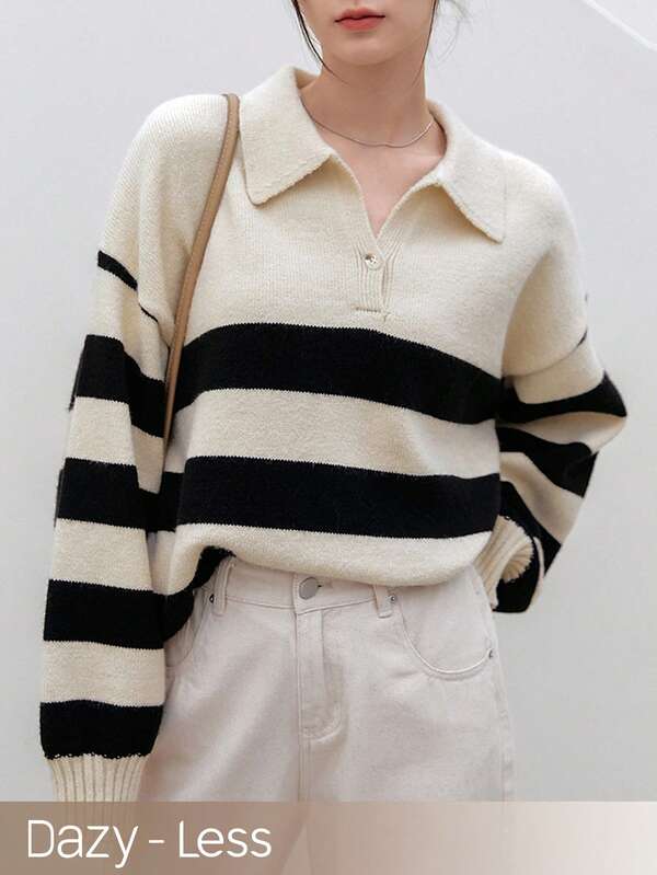 Dazy-Less Women's Round Neck Long Sleeve Black & White Colorblock Striped Loose Casual Knit Sweater
