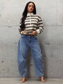 Denimoi Oversized Zip Front Polo Top Fashion Tops Fashionable Streetwear Cozy Fall Fashion Stripe Top - Multicolor - View 4