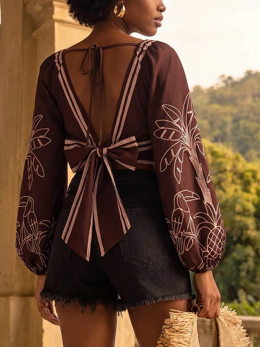 CAJUNI Blus Pendek Wanita Seksi Motif Burung, Leher V Dalam, Lengan Lentera, Cocok untuk Liburan - Coklat - View 1