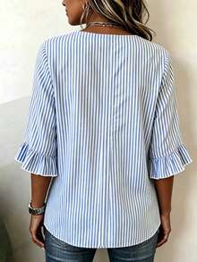 Breezaya New Women's Casual Loose Slimming Ruffle Trim Short Sleeve V-Neck Striped Shirt - Blue - View 2