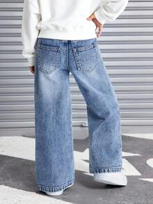 Jeans de mezclilla rectos con efecto desgastado y rotos, versátiles y casuales para niñas - Lavado ligero - Ver 2