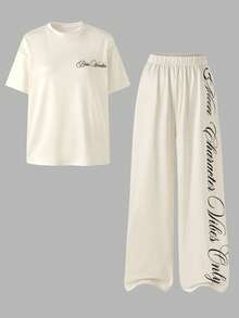 青少年女孩 T-shirt 套裝，黑色短袖 + 字母印花直筒寬腿褲，度假穿搭，夏季，六年級正式服裝，街頭風，休閒 - 黃色 - 查看 5