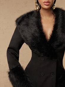 Silquee Women's Elegant Fuzzy Patchwork Double-Breasted Blazer - Black - View 9