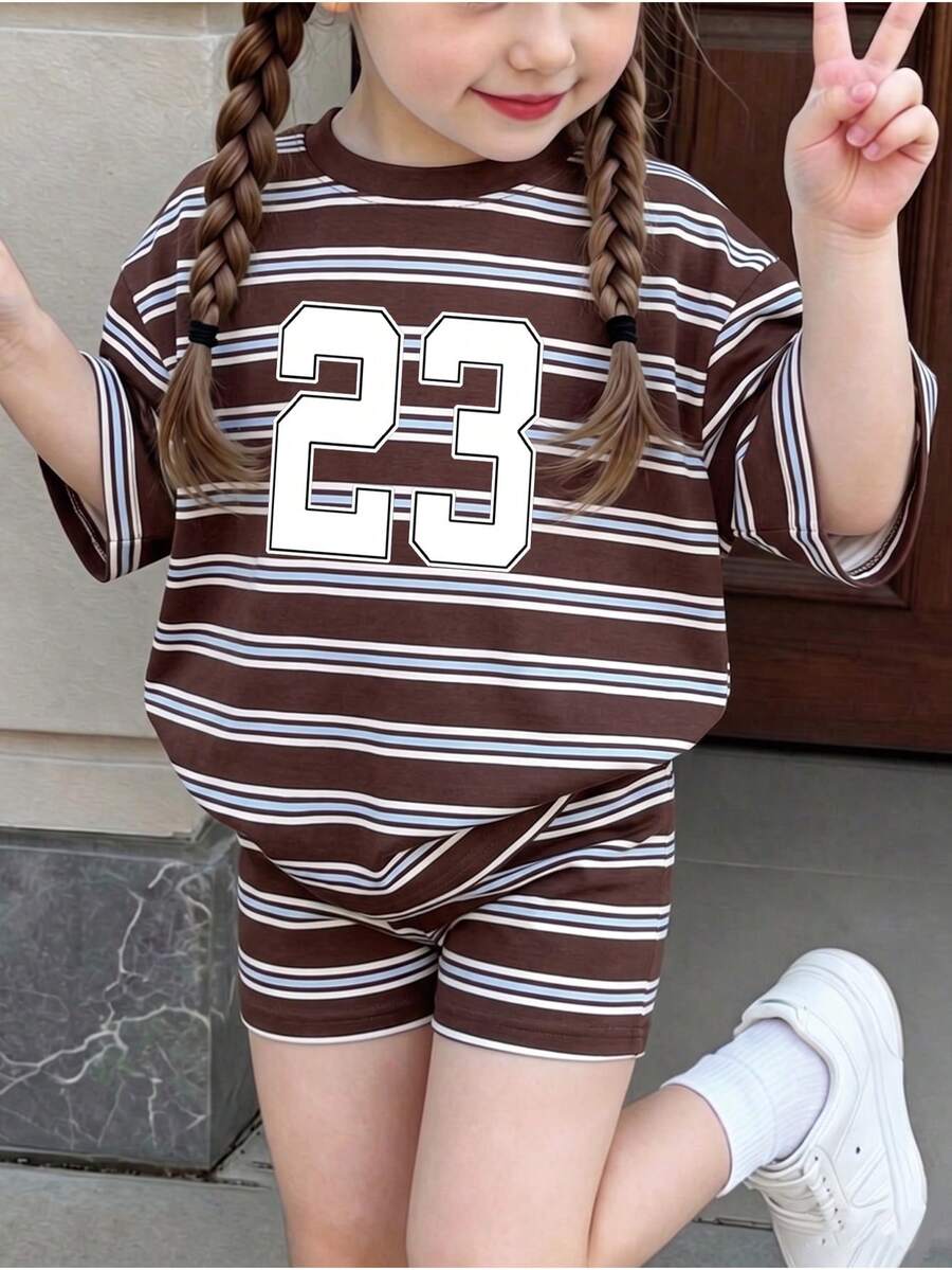 女孩夏季休閒套裝，棕色與藍色條紋 #23 印花 T 恤搭配短褲，舒適且 - 彩色 - 查看 1