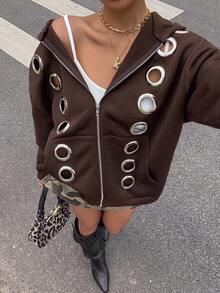 Muchica Chocolate Brown Fashionable Grommet Design Loose Open Front Thermal Lined Hooded Sweatshirt - Chocolate Brown - View 4