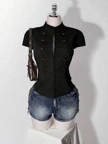 SHEIN ICON 女款大尺碼雙排扣短袖外套睡衣 外出穿著 黑色 夏季鄉村風 - 黑色 - 查看 7