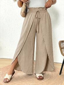 SHEIN Frenchy Plus Size Solid Color Paper Bag Waist Casual Bohemian Boho Drawstring Wrap Loose Pants Beach Vacation Vacation Vacation Gym Beige Autumn Fall - Apricot - View 7