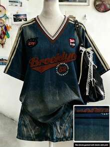 Teen Girl Loose Casual Streetwear V-Neck Short Sleeve T-Shirt Suitable For Summer Prom Teal Blue Prom - Multicolor - View 1