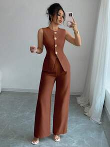SHEIN Raffinéa 女款法式優雅度假休閒通勤金屬花朵鈕扣套裝 - 棕色 - 查看 1