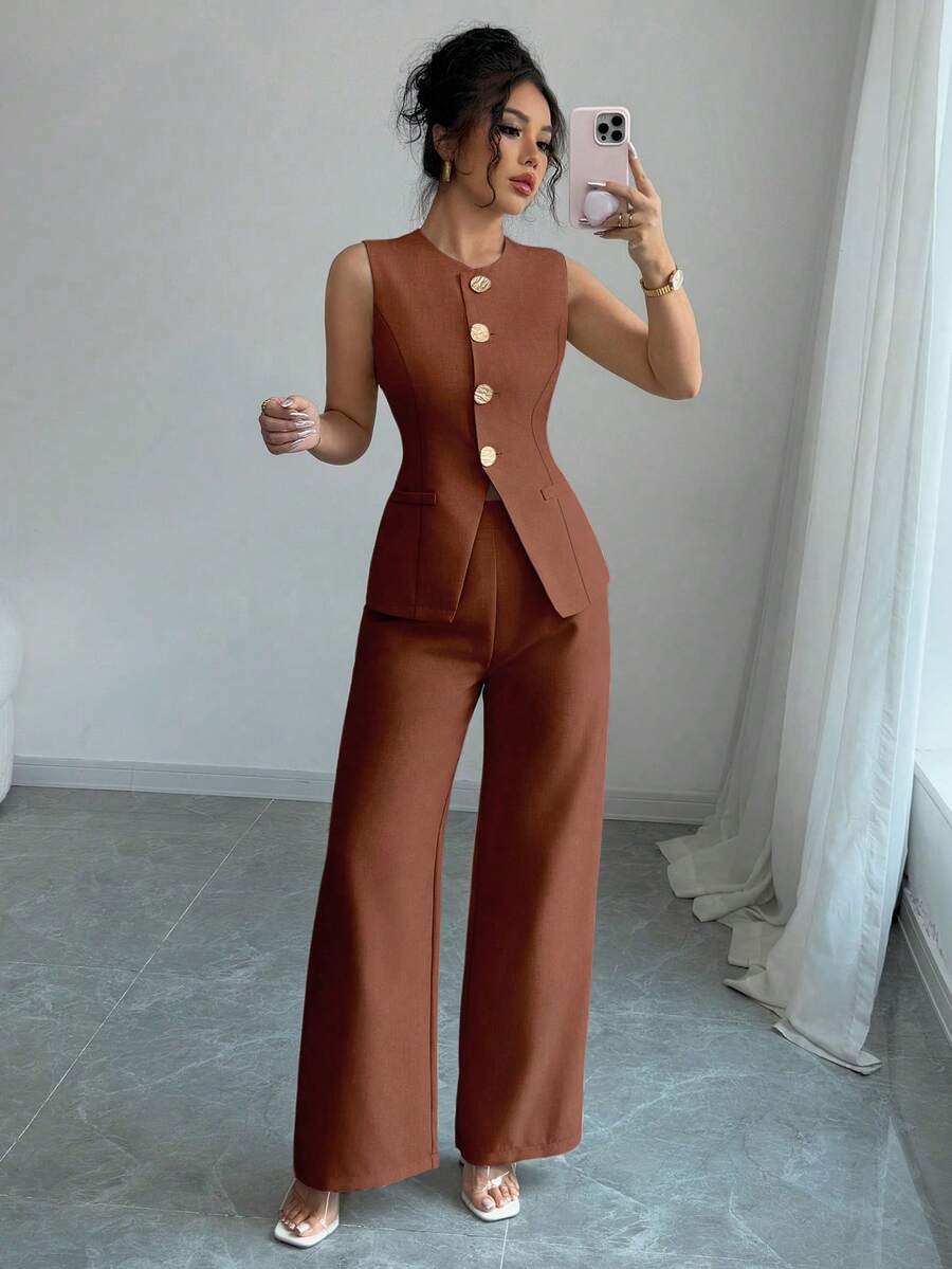 SHEIN Raffinéa 女款法式優雅度假休閒通勤金屬花朵鈕扣套裝 - 棕色 - 查看 1